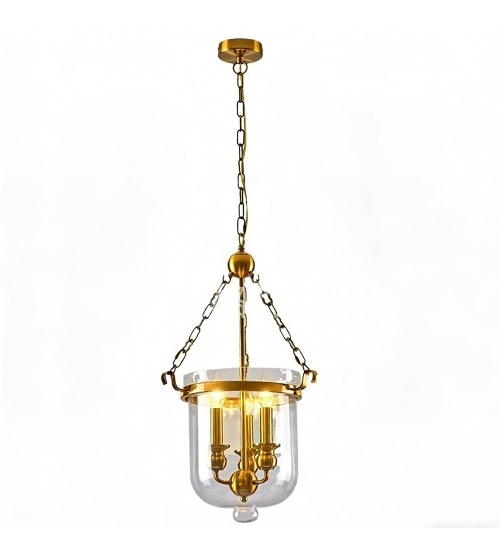 Lampatradizionale a Campana Di Vetro con Finitura Dorata, Lanterna in Vetro a 3 Luci, Larghezza 35,5 Cm, con Catena Regolabile, Ideale per Ingresso, Isola Cucina, Sala da Pranzo, Corridoio, Camera da
