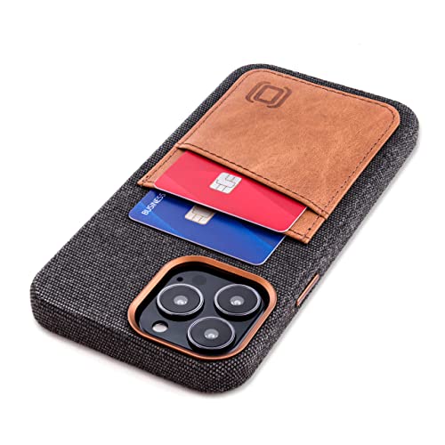 Image of Dockem Fabric Card Case for iPhone 13 Pro Max with Built-in Metal Plate for Magnetic Mounting, Stitched-on Genuine Leather Wallet with 2 Credit Card /ID Slots: M2F 6.7 inch Pro Max [Grey w /Light Brown]
