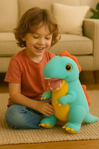 Image of Dinosaur Plush Toy, Mint Green and Yellow, Stuffed Animal with Orange Spike, Kids Cuddly T-Rex Doll, Best for Gift-35CM (DINASOR Blue)