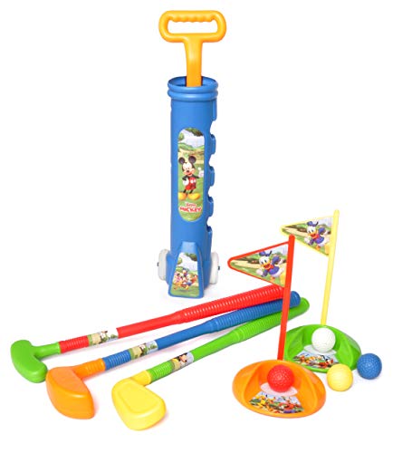 Set gioco golf trainabile Disney Mickey Mouse in plastica (sacca rigida, 3 mazze, 4 palline, 2 buche con bandierine)