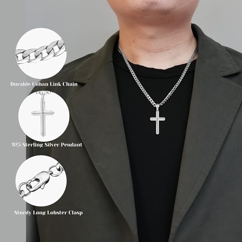 925 Sterling Silver Cross Necklace for Men, 18k Gold Over Real Silver Cross Pendant Necklace with 4.5MM Durable Stainless Steel Cuban Link Curb Chain Shiny Cross Necklaces 16-28 Inches2