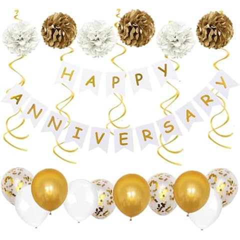 Pargleev Happy Anniversary Supplies Kit, Happy Anniversary Banner,10Pcs Balloons, 12Pcs Swirl, 6Pcs Pom for Wedding Anniversary Party Decoration Photo Props Anniversary Ceremony Decorations Cover