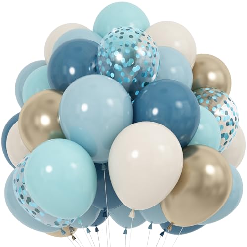 Image of 60 Pack Dusty Blue Gold Balloons, Slate Blue White Sand Teal Turquoise Crem Beige Latex Balloon Set Confetti Helium Balloon for Birthday Boho Baby Boy Shower Wedding Party Decorations