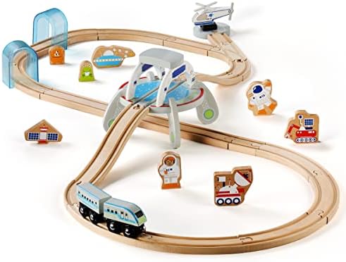 SainSmart Jr. Wooden Space Station Train Set 35pcs, Wood Spaceship Theme with Astronaut, Alien and Helicopter for 3+ Kids and Toddlers