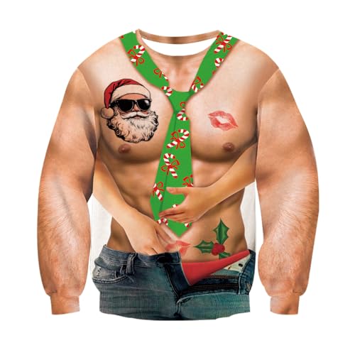 RAISEVERN Mens Christmas Jumper Ugly Long Sleeve Funny Muscle Sweatshirts Womens Ladies Santa Claus Jumpers Teen Boys Xmas, M