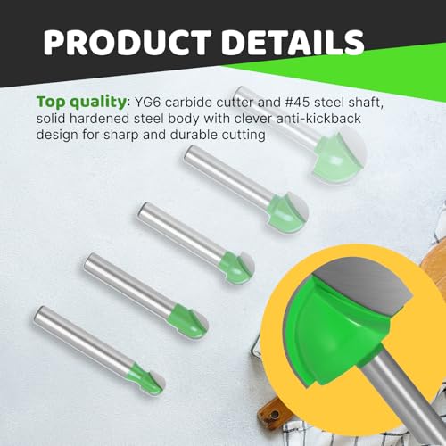 Hugwish 5 Fräser für Oberfräsen, Rundfräser 6 mm, Fräser mit rundem Boden, Holzfräser, Hohlkehlfräser, Kugelkopffräser Holz 6mm / 8mm /10mm / 12mm / 18mm