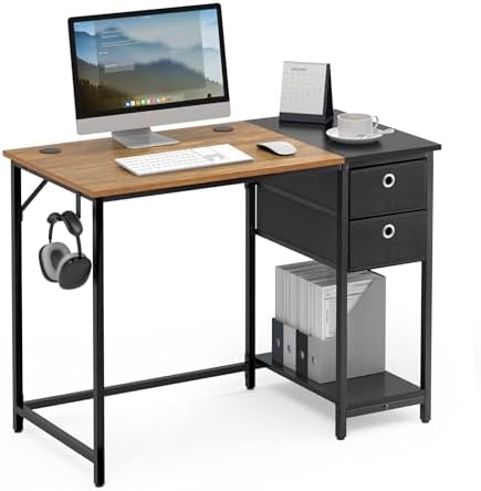 Mondeer Bureau d'ordinateur,Table de Bureaux avec 2 Tiroirs et étagères de Rangement, Gain d'Espace pour Bureau à Domicile Chambre, Marron Rustique et Noir, 120 x 60 x 76cm