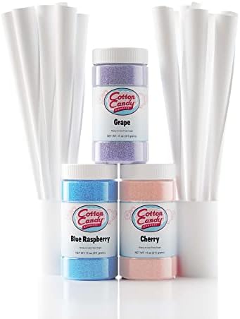 Cotton Candy Express 6006 Fun Pack | Kit Features Cherry, Blue Raspberry & Grape Floss Sugars (11 oz Each) &, 3 Flavors with Cones