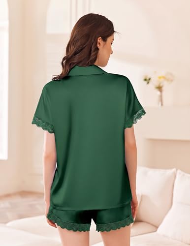 Image of Ekouaer Womens Satin Pajama Set Lace Trim Button Down Pj Shorts Set Bridesmaids Getting Ready Outfits Bridal Party Gifts, Bright Green, Large
