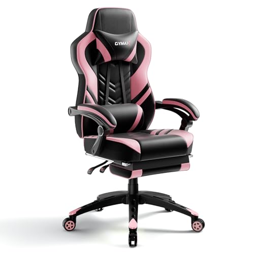POWERSTONE Gaming Chair Video Game Chair with Footrest and Lumbar Support Racing Style PU Leather Computer Chair Ergonomic Adjustable Swivel Task Chair Pink
