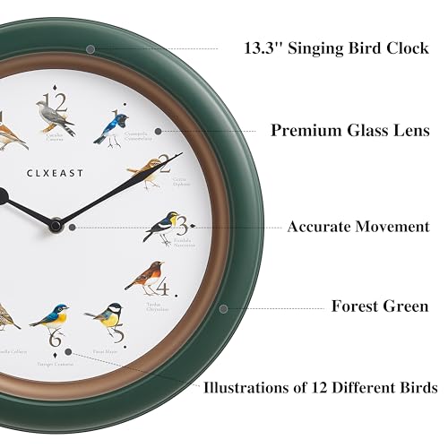 CLXEAST 13.3 Inch Bird Clock That Sings on Hour,Singing Bird Clock with Nature Sounds from 6 am-9 pm and Silent Night Mode,Forest Green Finish,Gifts for Bird Lovers,House Warming Gifts New Home by CLXEAST - Image 2