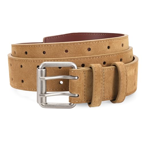 Image of JASGOOD Men Double Prong PU Leather Belt Casual Work Heavy Duty Belt Double Grommet Holes Belt for Jeans