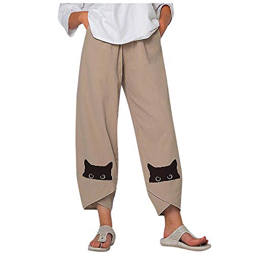 Transwen Pantalon Femme Coupe Courte en Lin Rétro, Pantalon Tendance et Mignon avec Jambes Larges et Motif Chat de 2021, Pantalon Ample avec Pantalon Irrégulier Cover