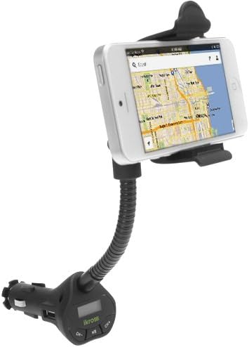 iKross Black 3.5mm LED Stereo FM Radio Transmitter Car Mount Holder with USB Charging Port and Handsfree Calling for iPhone, Smartphone and MP3 Players and More