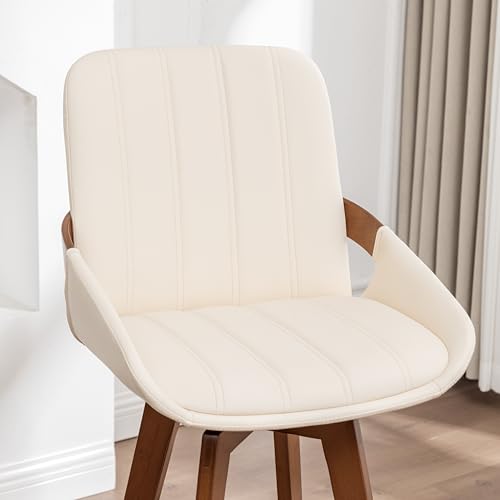 Image of AQG Counter Stools Set of 2, 26.3 Inch Mid Century Modern Counter Height Bar Chairs, Swivel Barstools with Walnut Craft, Faux Leather Upholstered Furniture for Island /Counter (Beige, 26.3 inch-2 PCS)