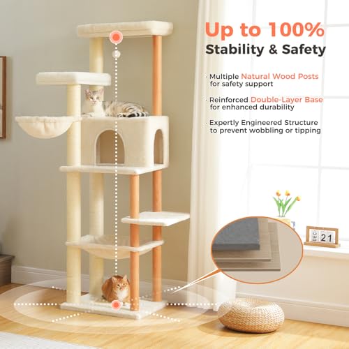 Image of 73 inch Tall Cat Tree for Large Cats, Wooden Cat Tower with Fully Sisal Covered Scratching Posts and Solid Wood Posts, Modern Cat Furniture with 2 Spacious Perch and Cozy Condo Beige