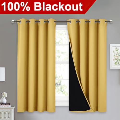 Image of NICETOWN 100% Blackout Curtains with Black Liners, Thermal Insulated Full Blackout 2-Layer Lined Drapes, Noise Cancellation Window Drapes for Dining Room (Bright Yellow, 2 Panels, 52 inch W by 54 inch L)