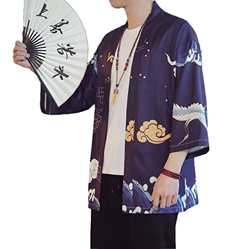Image of PRIJOUHE Men's Lightweight Kimono Jacket Seven Sleeve Open Front Cardigan Coat Japanese Style Bathrobe