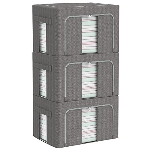 3 Pack Large Clothes Storage Bins - Stackable Metal Frame Storage Box Foldable Oxford Fabric Clothes Container Organizer with Clear Window & Carry Handles (Large-66L, Dark Gray)