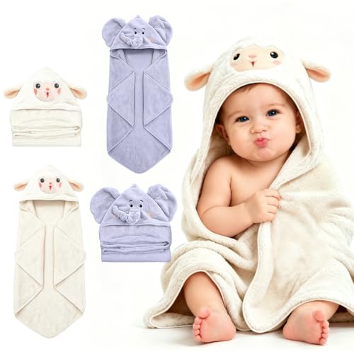 Image of Hooded Baby Towel- Large Baby Towel with Hood(31.5 x 31.5 Inch), Natural toddler towels,Ultra Soft and Absorbent Coral Velvet Coral Fleece Bath Towel for Infants, Newborns, Toddlers (Sheep-Elephant)