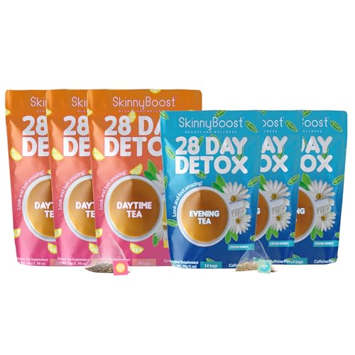 Skinny Boost Detox Tea Kit Slimming Tea for Weight, Metabolism, Energy, Bloating & Colon Cleanse – Green Tea, Herbal, Vegan, Keto, Non-GMO, Sugar-Free-6 PACK –1 Daytime (28 Bags) + 1 Evening -(14 Bags)