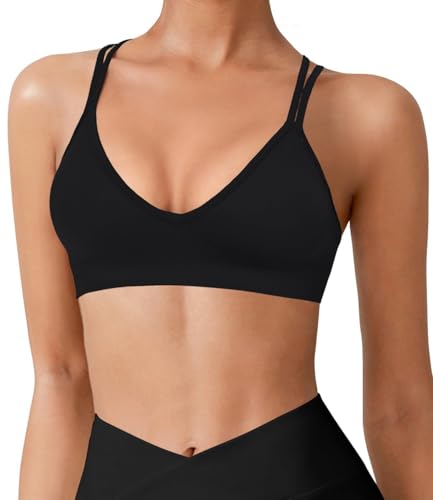 Image of VEQKING Seamless V-Neck Cross Back Women Sports Bra for Small Chest, 3 Pack | Made for A-C Cups, Spaghetti Straps, Removable Padded, Comfort Wireless for Low Impact Workout: Yoga, Lounging & Daily Wear