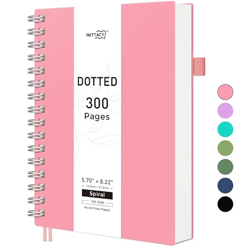RETTACY Notatnik A5 w kropki, dziennik Bullet Dot Journal, spiralny notatnik 300 arkuszy/150 stron na