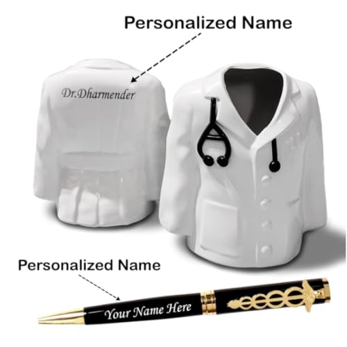 Image of ncgifts Personalized Doctor Coat Pen Stand � Engraved with Name | White | Gift for Doctors, Medical Students, Graduation & Special Occasions