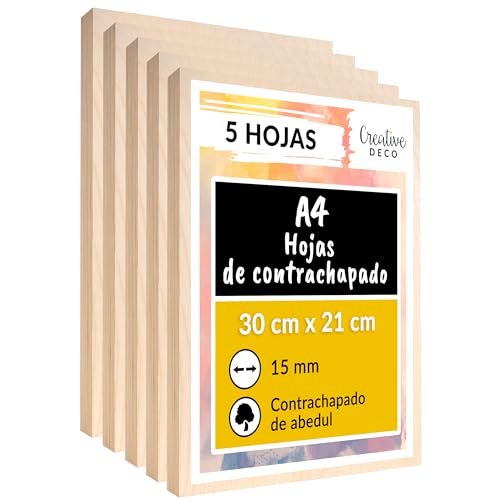 Creative Deco 5 x A4 Tablero Madera Manualidades Contrachapado | 300 x 210 x 15 mm (+/- 2mm) | Chapa Maciza Abedul Maderas para Bricolaje | Pirograbado, Corte por Laser, CNC Router, Modelado