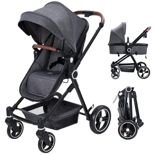 Image of Klysiora 2-in-1 Pushchair Reversible Infant seat, Bassinet with one-Hand Folding Convenience Pushchair with Recliner and Extra-Large Canopy - Dark Gray