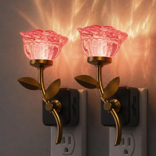 Image of L LOHAS LED 2 Pack Night Lights Plug into Wall, 3000K Soft White | Pink Rose Floral Nightlight with Dusk to Dawn Sensor, 0-100lm Adjustable Brightness, for Hallway Bedroom Stairway