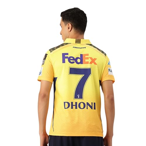 Image of playR x Chennai Super Kings Original Match Jersey IPL 2025 - Adult Dhoni 7 Half Sleeve CSK Cricket T-Shirt, Regular Fit Sportswear Tee for Training, Outdoor & Match Day Activewear for All Season