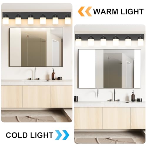 Image of IZORRO Bathroom Vanity Light Fixture, 6-Light 46 Inch Matte Black Bathroom Light Fixtures Over Mirror, with White Glass Shade, Modern Farmhouse Vanity Lights, Rustic Restroom Lighting Fixtures