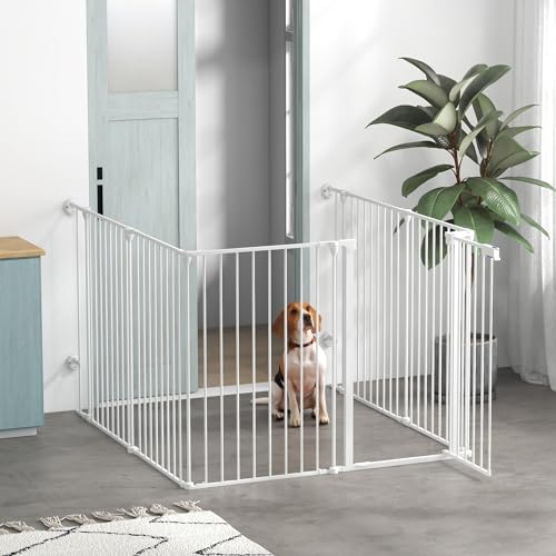 PawHut Welpenauslauf faltbar 90cm Hoch Freilaufgehege mit 6 Paneelen, Welpenlaufstall mit abschließbarer Tür, Hundelaufstall für drinnen und draußen, für mittelgroße Hunde, 123 x 102 x 90 cm, Weiß