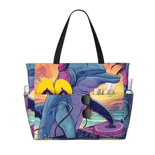 Hip-Hop Dj Dolphin Print Beach Pool Bags Tote For Women Ladies Large Gym Tote Carry On Bag For Weekender Travel Waterproof