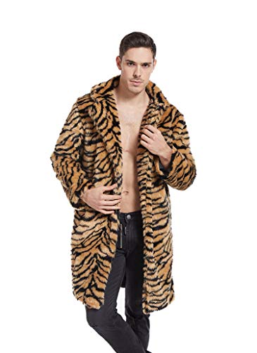 Image of UMREN Mens Warm Leopard Faux Fur Coats Jacket Long Luxury Overwear Parka Cardigans