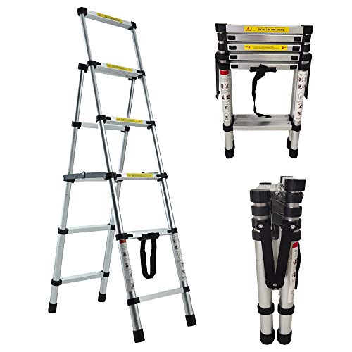 Escalera Telescópica de Aluminio, 4 + 5 Peldaños Escaleras Plegables con Marco en A, Escalera...