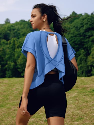 Image of SENSERISE Womens Open Back Workout Tops Backless Short Sleeve Athletic Shirt Running Crop Top Gym Yoga Tee