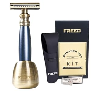 FREED 4-piece Set for Men – Double Edge Safety Razor with alloy handle include 10 count Japanese 6cr13 Stainless Steel blade, It’s the best gift for men, fathers,or birthdays (Blue)