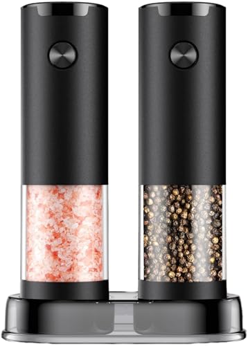 Electric Salt and Pepper Grinder Set - Battery Operated Spice Mills with Adjustable Coarseness, LED Light, Automatic Spice Grinder for Kitchen Appliance, with Cleaning Brush and Stand, Home Cooking