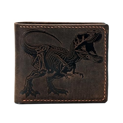 Leather skull wallet, bifold handmade skull art wallet, leather gift ideas for him, ID card minimalist wallet (T-rex skeleton)