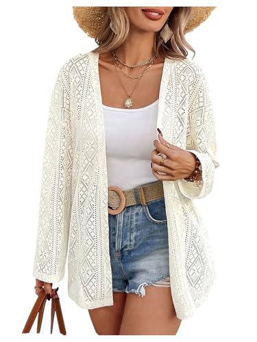 Women's Hollow Out Lightweight Cardigan Sweater Long Sleeve Open Front Summer Crochet Knitwear