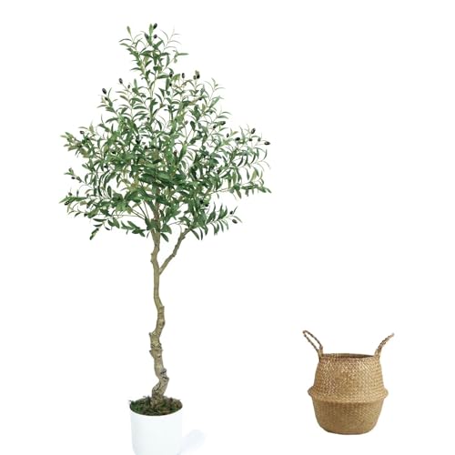 Artificial Olive Tree, 6ft Indoor Large FakeTree with Handmade Woven Basket Faux Tree, Potted Olive Silk Tree for Modern Home Decoration and Housewarming Gifts