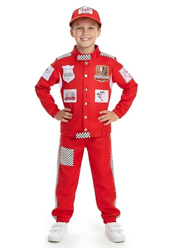 CoolChange Costume de pilote de course pour enfant | Costume de pilote automobile pour garçon | Avec veste, pantalon et bonnet | Taille : 128-152, rouge, 152...