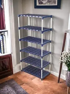 Novatic Powder Coated Metal Rods and PP Plastic Multipurpose Rack (6 Shelves) - Navy Blue