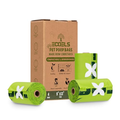 ECOELS Paquete de viaje 4 rollos 60 bolsas para excrementos de perros | Bolsas para excrementos de perros 100% compostables y biodegradables | Bolsas para excrementos de perros extra grandes, resiste
