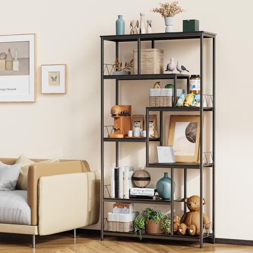 Bealife Libreria Verticale a 7 Ripiani Legno, Libreria 7 Livelli Scaffale Portaoggetti Stile Moderno per Soggiorno, Camera da Letto, Studio e Ufficio(Nero)