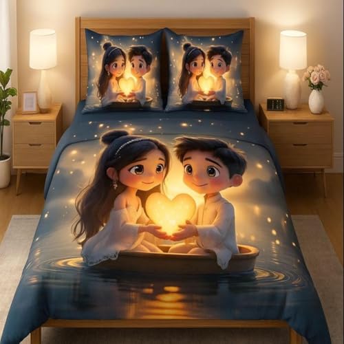 Image of Romantic Love Theme Double Bed Bedsheet with 2 Pillow Covers | Valentine Special HD Digital Print Bedsheet | Soft Microfiber Comfortable Bedding | Ideal Gift for Couples