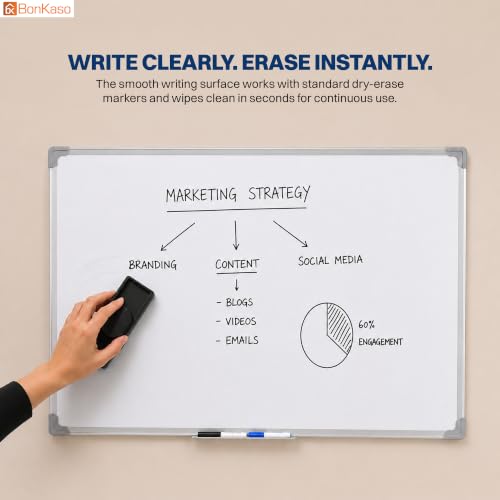 Image of Bonkaso Magnetic Dry Erase Whiteboard 90 x 60 cm with Aluminium Frame, Movable Marker Tray, 2 Markers, Eraser & 6 Magnets, Wall-Mounted Writing Board for Home Office School Classroom