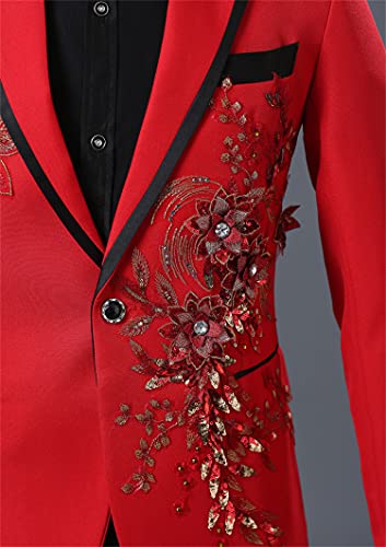 Mens 2 Pieces Luxury Embroidered Suits 1 Button Print Dinner Tuxedo Jacket Pants Prom Wedding Elegant Blazer Dress Suit (Red,X-Large)4